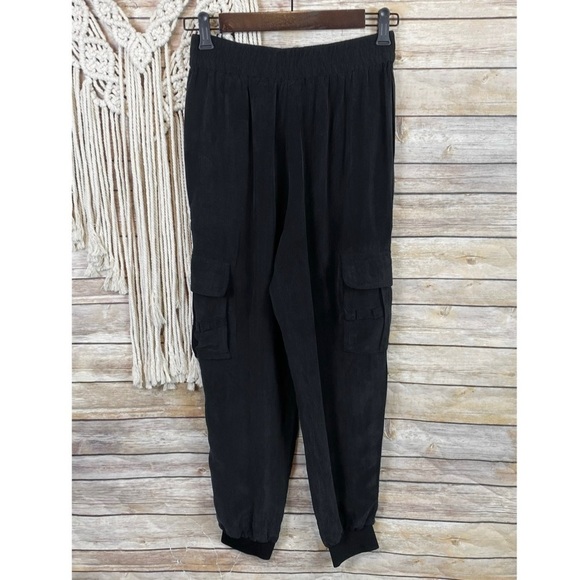 Alice + Olivia | ‘Dede’ Black Smocked Waistband Slinky Twill Cargo Jogger Pants - Picture 6 of 12